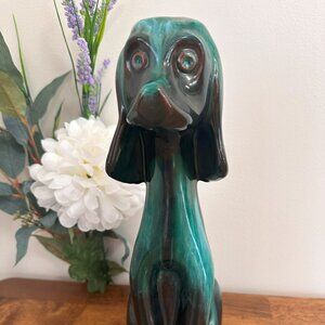 Vintage Blue Mountain Pottery Tall Sitting Dog Figurine – Green Black Flow Glaze
